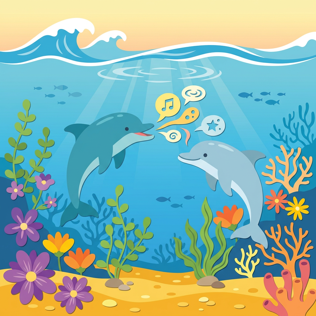 Two dolphins underwater exchanging speech bubbles with symbols near coral and sea plants